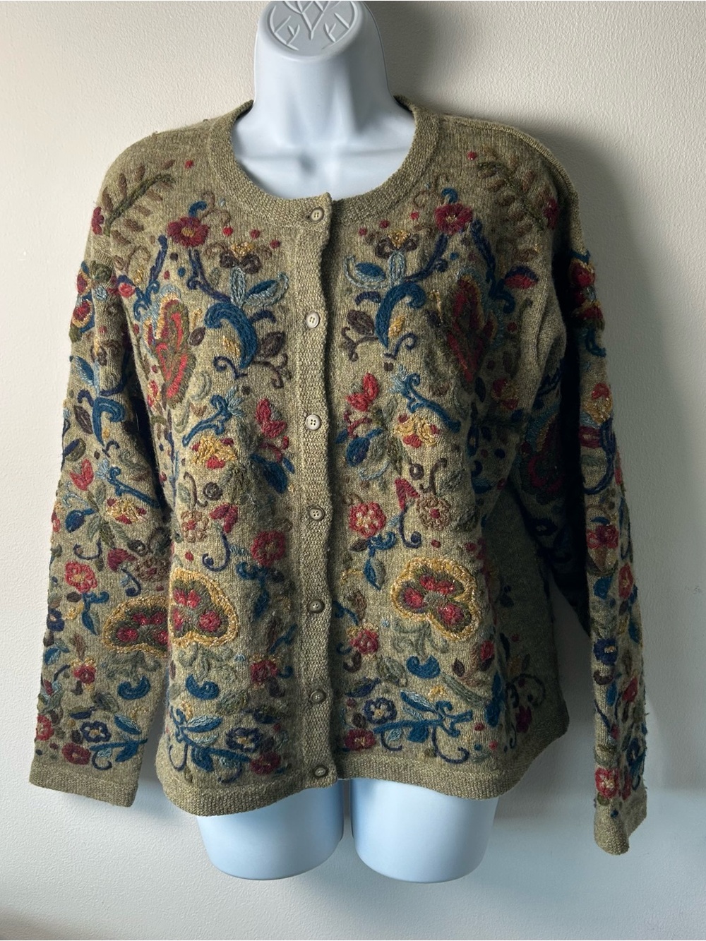 Vintage Robert Scott Wool Cardigan Tag Size M Embroidered Floral Boho Artsy